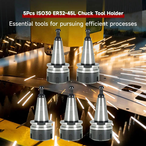 Five Piece ISO30 ER32 45L Balance Chuck Tool Holder Set For CNC Milling Lathe Engraving Machine with sparks in background