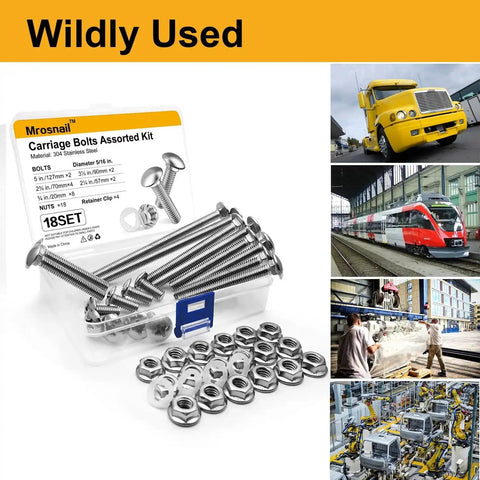 Heavy Duty Wheelbarrow Carriage Bolts And Nuts Kit With 304 Stainless Steel Hardware in various lengths and flange hex nuts