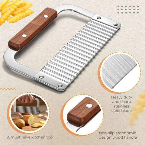 2 Piece Crinkle Cutter Set for Potatoes and Veggies With Stainless Steel Wavy Blades and Wooden Handles shown in detail.