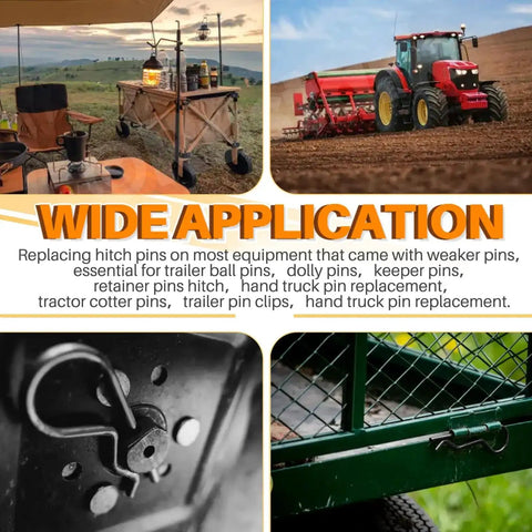 Collage showing uses of Six Sizes Black Zinc Plated Hitch Pins R Clips Kit With 145 Pcs, including tractors and trailers.