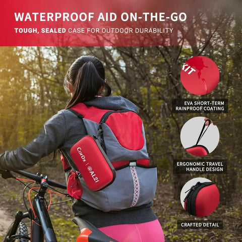 Person with backpack carrying All Purpose 184 Piece First Aid Kit For Home Travel Go To Car Office And Worksite By AL21