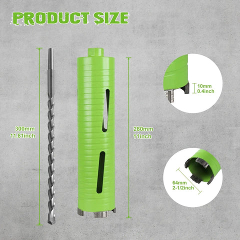 Two And A Half Inch Dry Core Drill Bit With Pilot Bit And Dual Adapters For SDS Plus And Hex Five Eighth Eleven Threaded Diamond Core Bit For Concrete Brick And Masonry Ten Inch Drilling Depth By Betteri, green with size details.