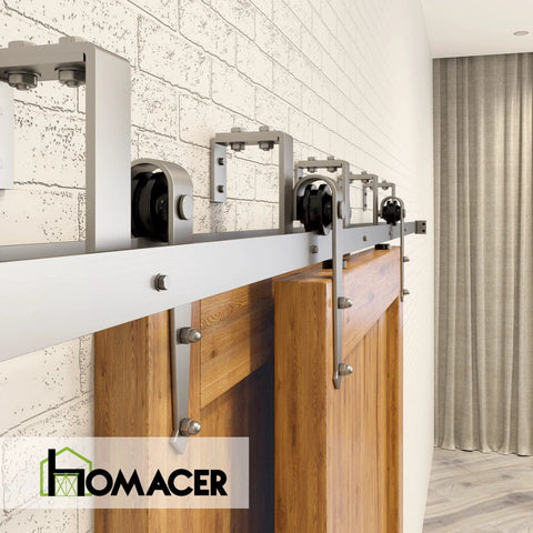 Side view of Brushed Nickel Double Track Bypass Sliding Barn Door Hardware Kit for Two Doors 6.6ft Flat Track installation