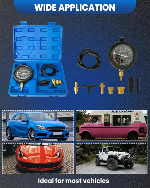 Universal Vacuum Gauge For Cars And Trucks Engine Diagnostics Kit with blue case and accessories displayed; vehicles in background.