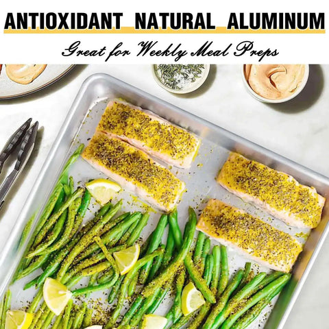 Pro Level Pure Aluminum Baking Sheet Pan Set No Coating Warp Resistant Half Sheet Pan with salmon and vegetables