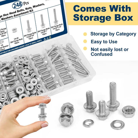 Beefed-Up Heavy Duty 1/4-20 Stainless Steel Flange Bolts Kit With 248 Piece Set includes bolts, nuts in storage box with hand holding piece