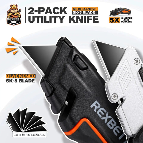 2 Pack Retractable Utility Knife Set SK5 Heavy Duty Box Cutter With Extra Blades, blackened SK5 blade, close-up view