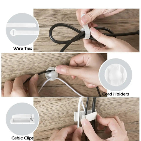 Close-up of wire ties, cord holders, and cable clips in use from Under Desk Cable Management Kit 26 Piece Hexagonal Ventilated Design With Cable Clips Wire Ties Cord Holder And Screws For Office And Home White Two Sets Keeps Power Strips Hidden And Your Space Clean And Pro.