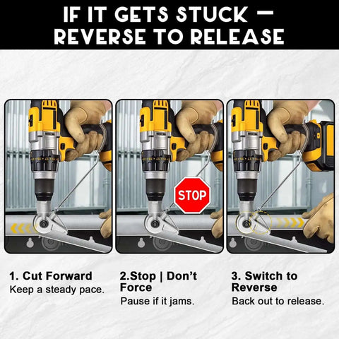 Sheet Metal Cutter Nibbler Drill Attachment With Titanium Steel Gear For Stronger Bite demonstration on stuck release method
