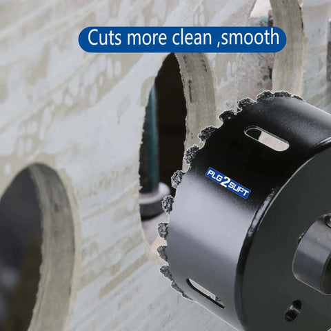 Close-up of 4-1/8 Inch Carbide Grit Hole Saw Cutter For Hardy Plank Air Brick Stucco Drywall Fiber Cement Siding Backer Board Plasterboard Cuts Fast Like Butter And Lasts With An 80 HRC Edge cutting through plasterboard