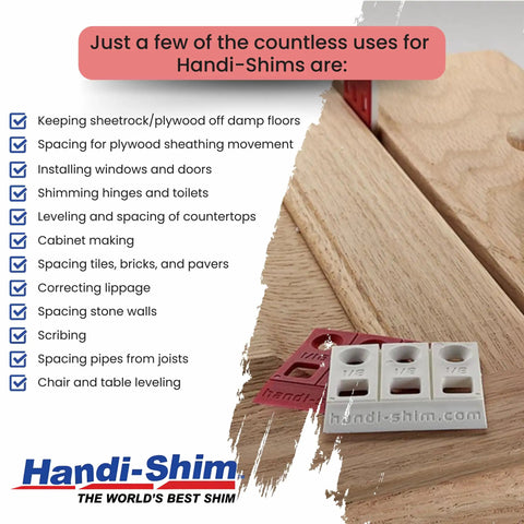 Heavy Duty Reusable Plastic Construction Shims For Spacing And Leveling Great For DIY Projects And Plumbing 40 Piece Pack One Eighth Inch White Handi Shim laid out over wood showing various uses.