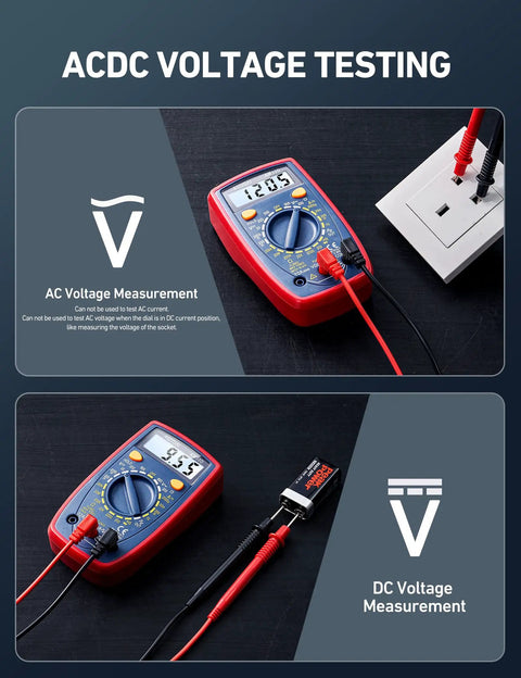 Digital Multimeter 2000 With Backlit LCD Display For Voltage Current Resistance Diode And Continuity Testing Measures AC And DC For Home And Auto Use Blue showing AC and DC voltage measurement in home outlet.