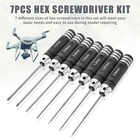 Pro Grade 7 Piece Precision RC Hex Screwdriver Set With 0.9mm Through 3.0mm Micro Allen Wrenches in a row with visible size labels.