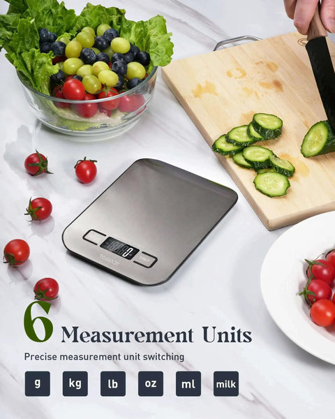 All In One 11 Pound Digital Kitchen Scale with Six Unit Modes G Kg Lb Oz Ml Milk Ml and Tare Function, Stainless Steel Design