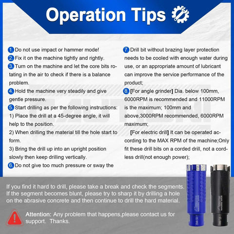 Operation tips for using 1/4 Inch Laser Welded Diamond Wet Core Bit for granite and concrete with angle grinder instructions.