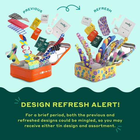 Design alert showing old and new Everyday First Aid Kit With Flexible Fabric Bandages That Move With You Waterproof Tape Nonstick Pads