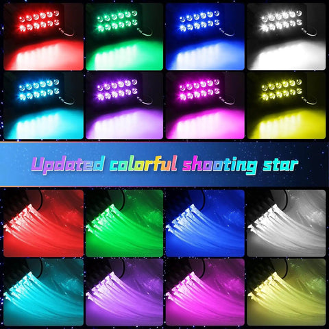 Starlight Headliner Kit For Cars And Home Ceilings With Four Color Twinkle And Meteor Fiber Optic Lights displayed in various colors