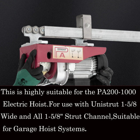 Six-Wheel Hoist Trolley For PA200-1000 Electric Hoist on Unistrut, showing assembly and compatibility with 1-5/8" wide channels
