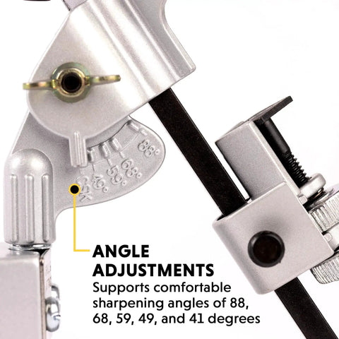 Close-up of Drill Bit Sharpening Attachment No 825 for Drills showing adjustable angles and pivoting neck mechanism.