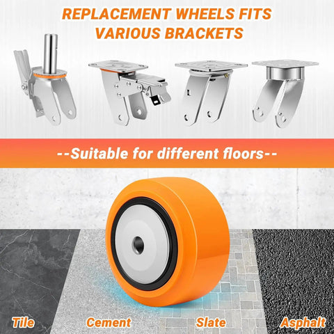 4x2 Inch Replacement Caster Wheels Set Of 4 With 1/2 Inch Bore, Polyurethane On Polyolefin Core, compatible with various brackets