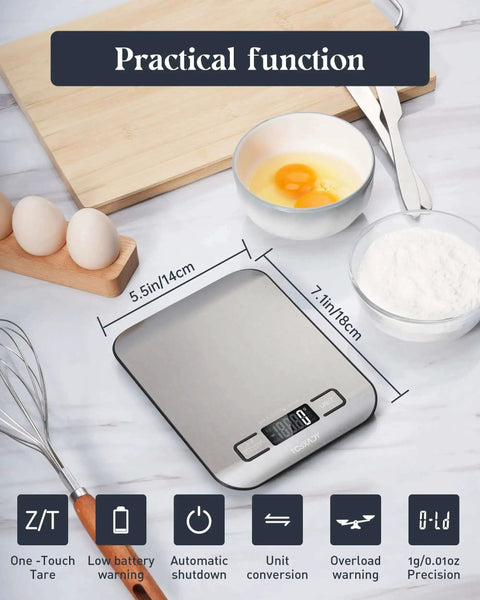 All In One 11 Pound Digital Kitchen Scale With Six Unit Modes G Kg Lb Oz Ml Milk Ml And Tare Function on kitchen counter