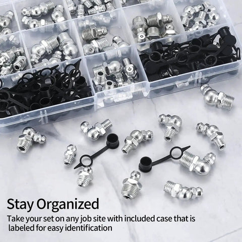 Pro Grade 140 Piece Grease Fittings Kit with assorted zerk fittings and storage case, showcasing various angles and sizes.