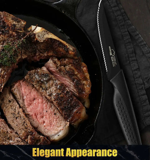 Eight Piece Steak Knife Set With Stainless Steel Serrated Blades, Rust Resistant Nonstick Coating, Elegant Black Handles