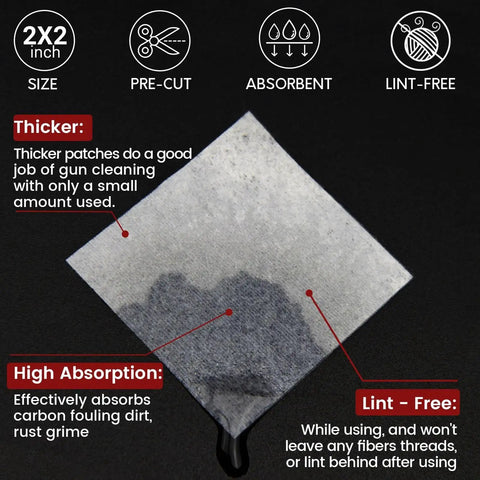 Gun Cleaning Kit With 300 Patches And 200 Cotton Swabs In Storage Box showing a 2x2 inch thick, absorbent, lint-free patch.