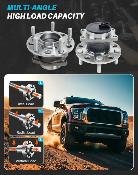 2 Pack Rear Wheel Bearing Hub Assembly Fits Avenger Caliber 2007-2012; shown with load capacity features and truck on dirt road