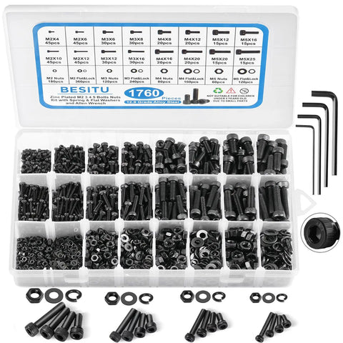 Metric Screw Set 1760Pcs M2 M3 M4 M5 Hex Socket Head Cap Bolts Nuts Grade 12.9 Alloy Steel Black Zinc Plated Anti Rust Kit With 4 Hex Wrenches organized in container.