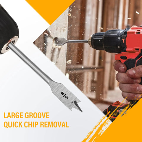 13 Piece Spade Drill Bit Set With Quick Change Shank For Woodworking Alloy Steel Paddle Bits in use on a power drill