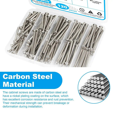 120 Piece M4 Cabinet Screws Set With Pan Washer Head for easy install, carbon steel screws in various lengths, shown in box.