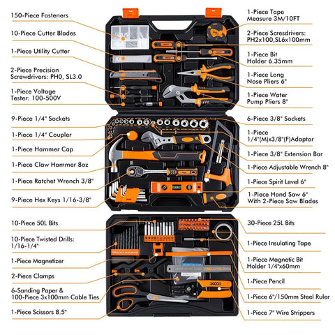 Go-To 368-Piece Home Repair Tool Kit With Drawer Toolbox Set Built Tough For Home Office Garage And DIY Projects Includes Hammer Pliers Screwdrivers Wrench Tape Measure And More shown open with tools