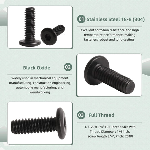 Beefy Flat Head Hex Socket Cap Screws 1/4-20 x 3/4 Inch Full Thread Bolts Black Oxide Stainless 304 18-8