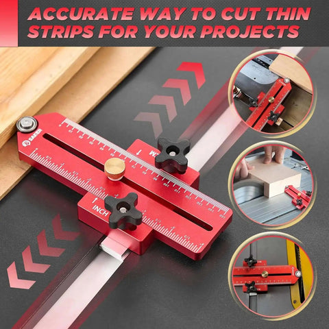 Thin Rip Jig Table Saw Guide For Repetitive Narrow Strip Cuts Built From Anodized Aluminum For Rock Solid Chatter Free Performance Fits 3/4 By 3/8 Inch Slots shown on table saw