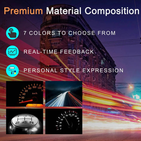Cityscape with highlighted features of oil pressure gauge kit including 7 color display, real-time feedback, and style expression.