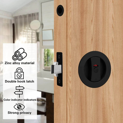 Round Pocket Door Lock And Edge Pull Privacy Latch With Color Coded Indicators Dope Matte Black Flush Pocket Door Hardware installed on wood door