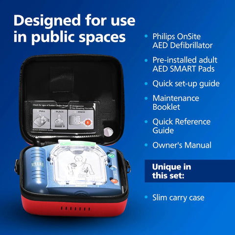 OnSite AED Defibrillator With Portable Emergency Medical Kit in slim carry case, featuring real-time CPR guidance and voice prompts.