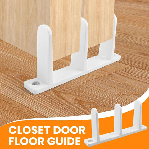Four Pack White Sliding Closet Door Floor Guides Universal ABS Bottom Hardware For One And Three Eighths Inch Thick Cabinet Doors Track Bracket Replacement Parts With Screws For Easy Installation And Durable Performance, shown in white plastic with wooden floor background.