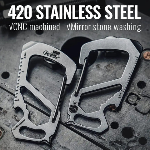 Stainless Steel 7 Tool Carabiner Clip Multitool with Quick Release Clasp displayed on metal surface