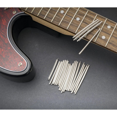 Pro Grade 2.9mm Stainless Steel Jumbo Guitar Fret Wire for 24 Frets compatible with bass, displayed on a guitar neck.