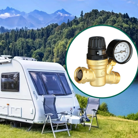 Adjustable brass RV water pressure regulator with 0–160 psi gauge for camper water hookup