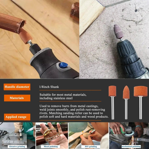 Pro Grade Dremel Sanding Bits Kit With 64 Pieces And 42 Aluminum Oxide Grinding Stones 1/8 Inch Shank in use on rotary tool