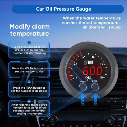 Universal Oil Pressure Gauge Kit 52mm Digital Red Display 0-150 PSI With 1/8 NPT Sensor shown in car dashboard