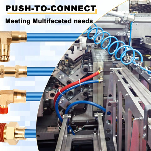 Close-up of Siptenk brass push-to-connect 3/8 in OD tee unions, 1/4 in NPT, 3-pack air brake fittings