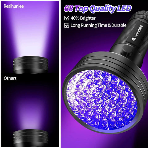 Air Conditioner UV Dye Leak Detector Kit With 68 LED UV Flashlight for auto AC leak testing, showing flashlight and LED glow.