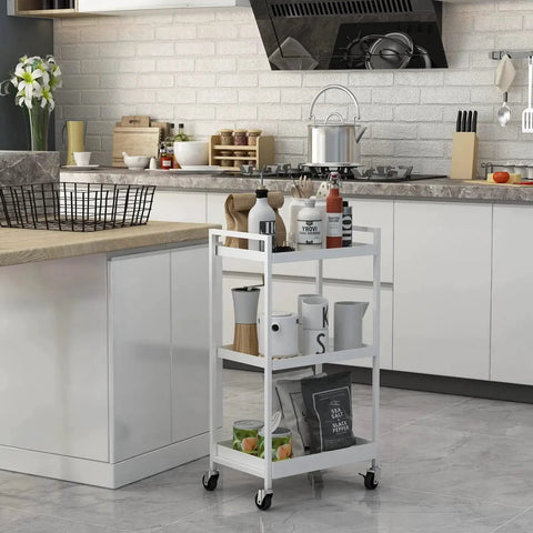 3-Tier Metal Utility Rolling Cart With Lockable Casters For Kitchen Office And Bathroom Storage White in modern kitchen setting