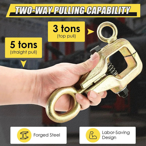 Person holding Beefy 5 Ton 2 Way Auto Body Repair Pull Clamp With Self Tightening Grips, showing 3 ton top pull and 5 ton straight pull capabilities.