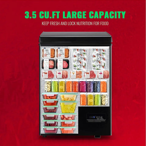 3.5 Cu Ft Chest Freezer With Temperature Display And Removable Basket in black with visible food items inside