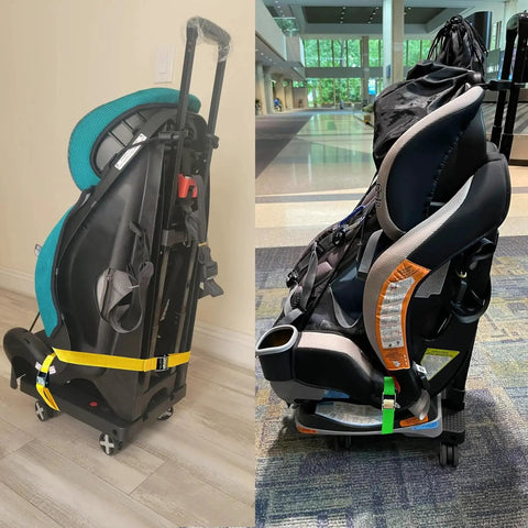 Car Seat Dolly For Airport Travel Cart With Foldable Luggage Trolley And Strong Wheels, shown with secured car seat.